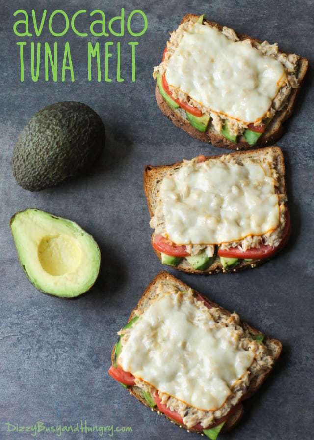 Avocado Tuna Melt | DizzyBusyandHungry.com - Avocado, tomato, tuna salad, and muenster cheese on crunchy toasted whole grain bread. #tunamelt #lunchrecipes #avocado