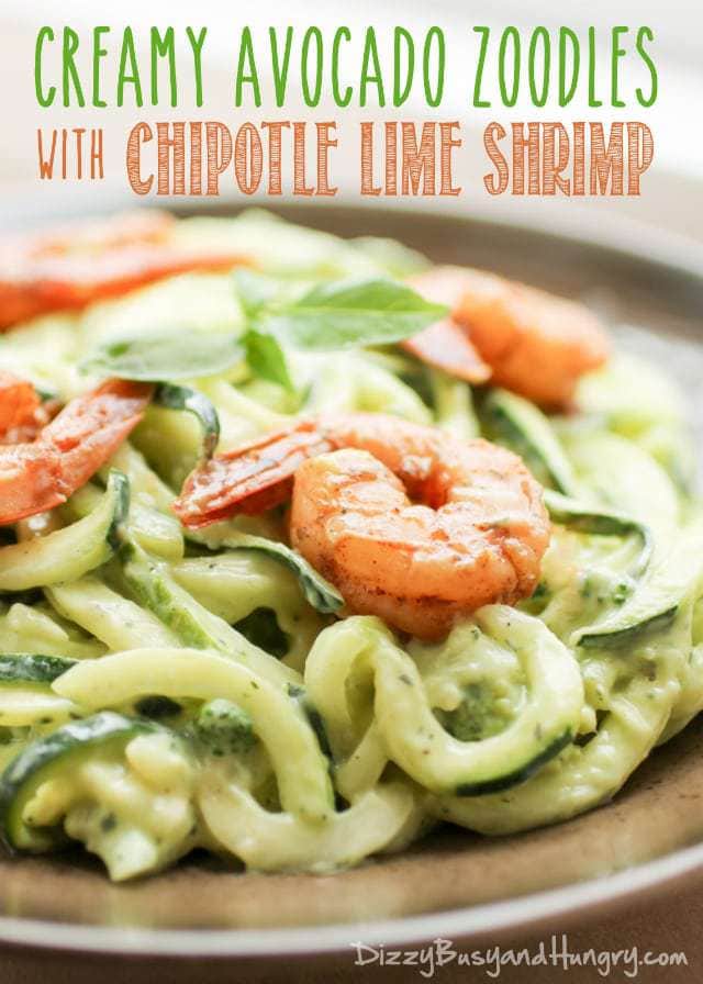 Creamy Avocado Zoodles with Chipotle Lime Shrimp | DizzyBusyandHungry.com - Zucchini noodles smothered in a creamy avocado sauce and topped with zingy, tangy shrimp!