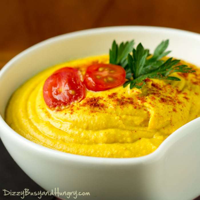 Turmeric Hummus | DizzyBusyandHungry.com - Not only is this hummus tasty, it's also packed with cancer-fighting ingredients!